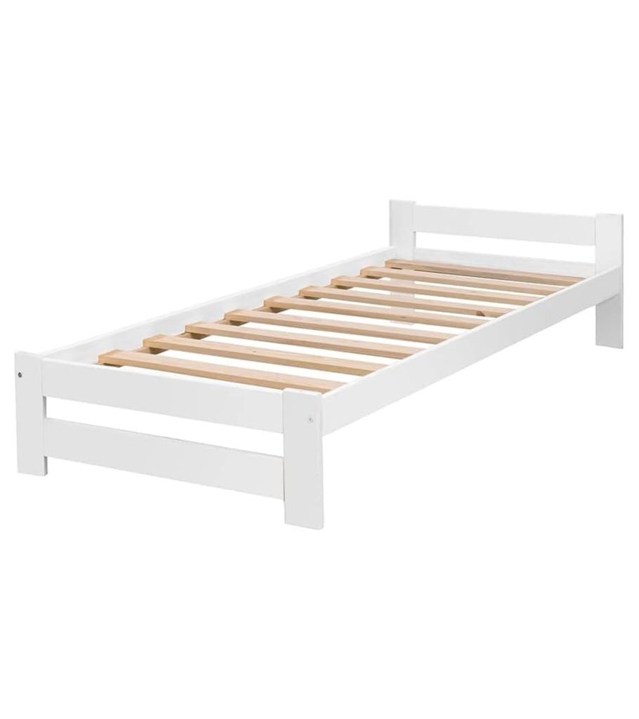 Bettgestell Reko - Massivholz - Holzbett – mit Lattenrost / Rollrost - Bettrahmen - Einzelbett - Hotelbett - Weiß - 90x200cm
