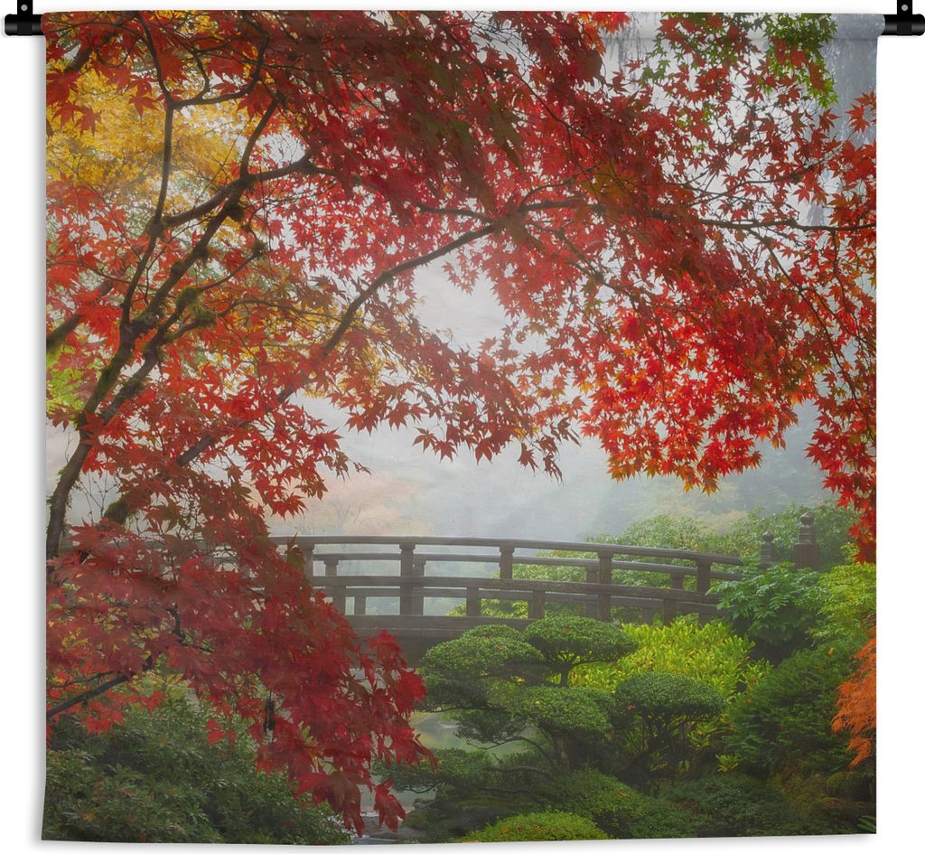 MuchoWow Wandteppich Wandbehang Japanischer Ahorn - Bäume - Brücke - Natur - Japanisch 60x60 cm Tapisserie Dekoration Wandtuch - Dekorationen -...