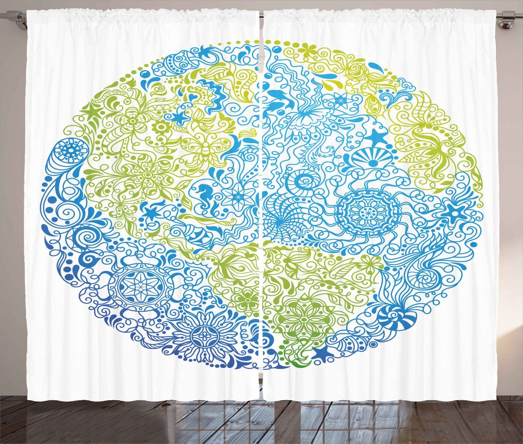 ABAKUHAUS Blumen Rustikaler Gardine, Klimawandel, Schlafzimmer Kräuselband Vorhang mit Schlaufen und Haken, 280 x 245 cm, Blau Lime Green