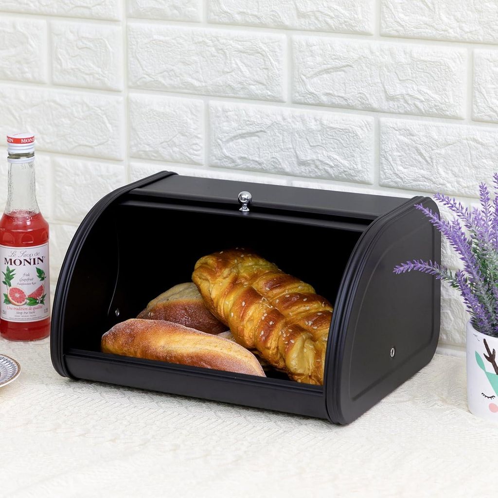 Große schwarze Brotdose mit Edelstahlgehäuse - ideale Aufbewahrungsbox für Brot
