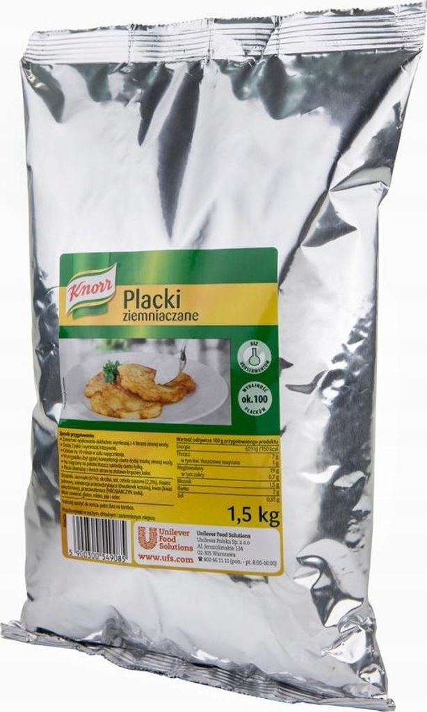 A large silver bag of Knorr potato pancakes.