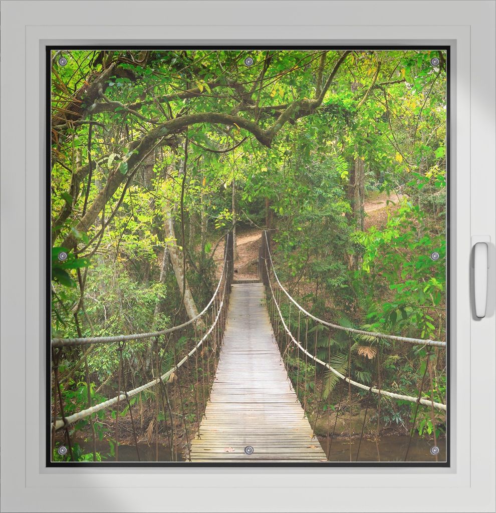 Wallario Lichtschutzbild, Dekorativer Sichtschutz Sonnenschutz 96 x 93 cm mit Motiv: Hängebrücke im Urwald grüner Dschungel - Verdunklung ohne B...