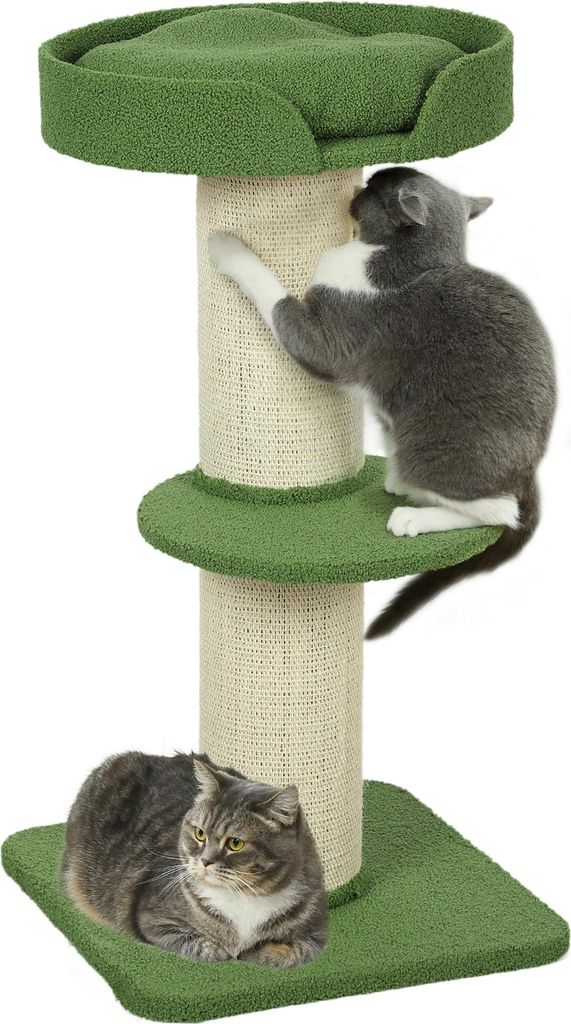 A cat tree with two cats on it, set against a white background.