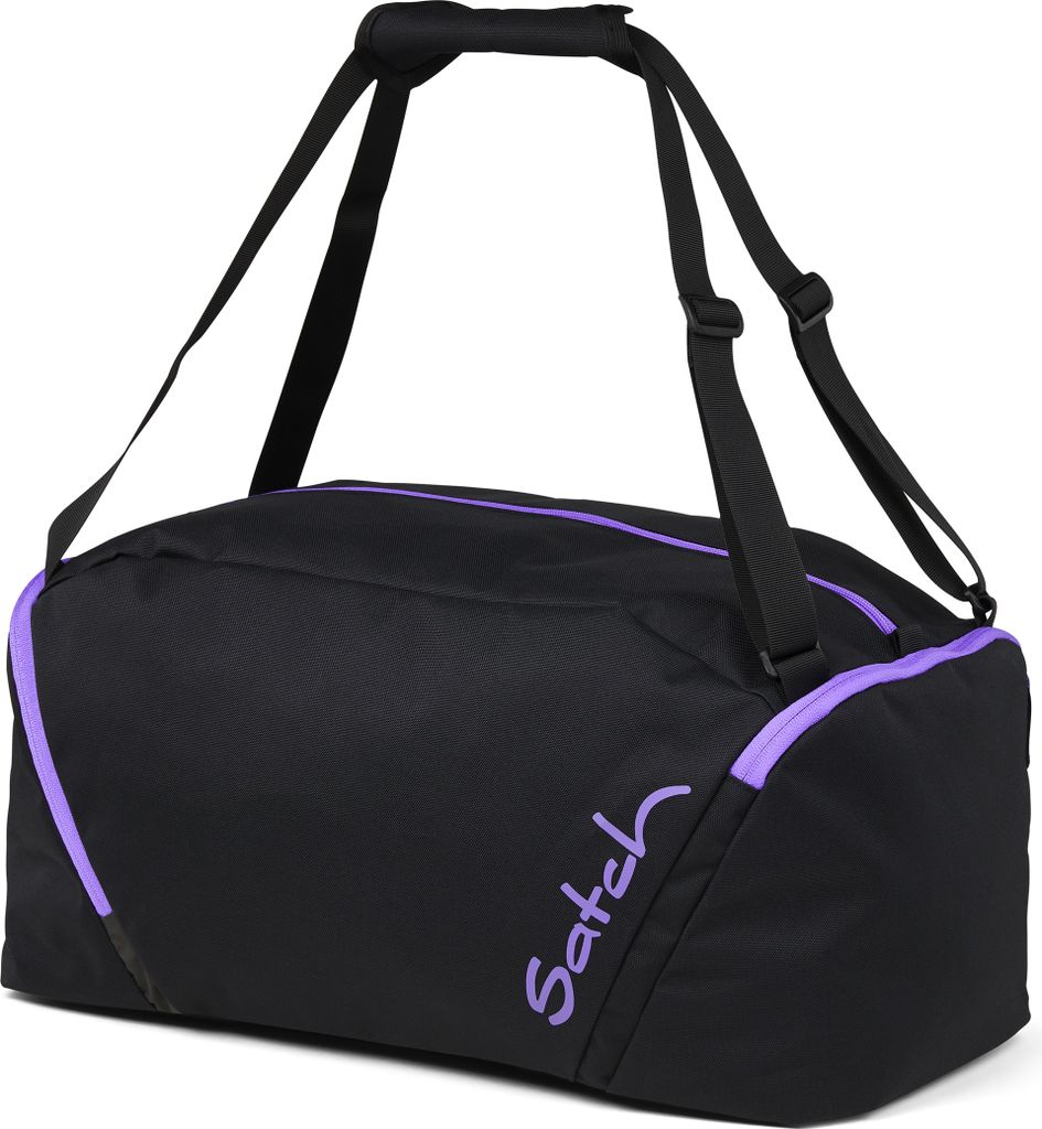 A black duffel bag with purple accents and branding.