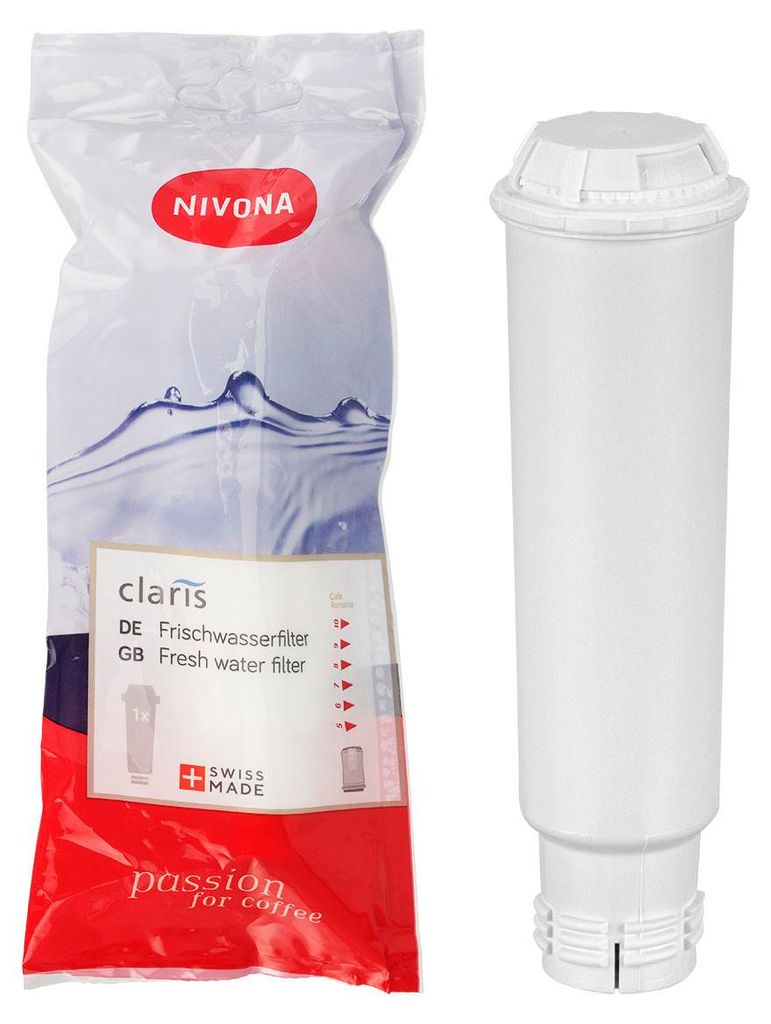 A Nivona water filter and its packaging are displayed side-by-side on a white background.