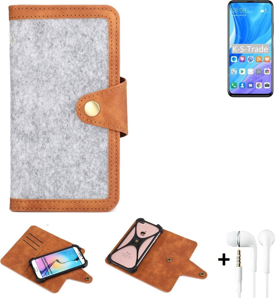 K-S-Trade Handyhülle + Kopfhörer kompatibel mit Huawei P smart Pro Schutzhülle Filz Hülle Kunstleder hellgrau braun (1x)