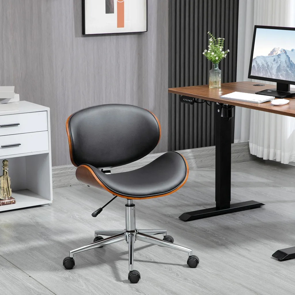 Fauteuil de bureau pivotant design bois et cuir synthétique noir