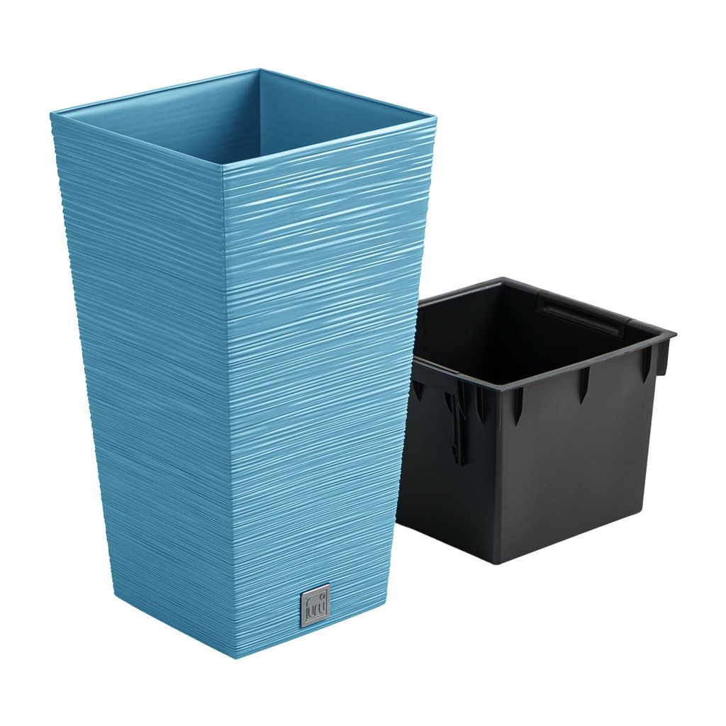 A blue planter with a black insert, shown against a white background.