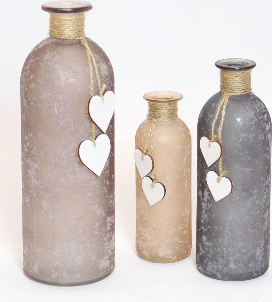 3x Vasen Flasche satiniertes Glas Holzherzen Produktbild 