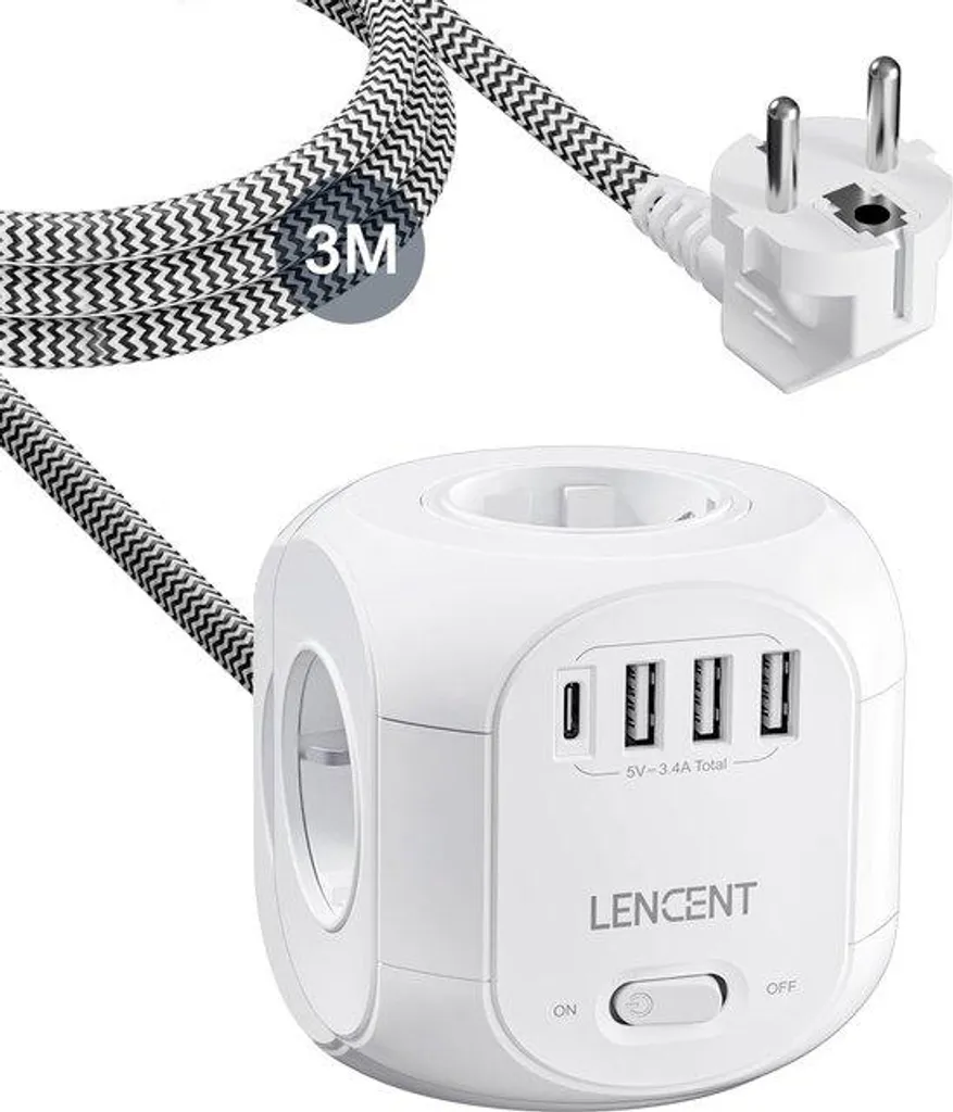 Multiprise USB C anti-gaspillage avec interrupteur, long fil 3m