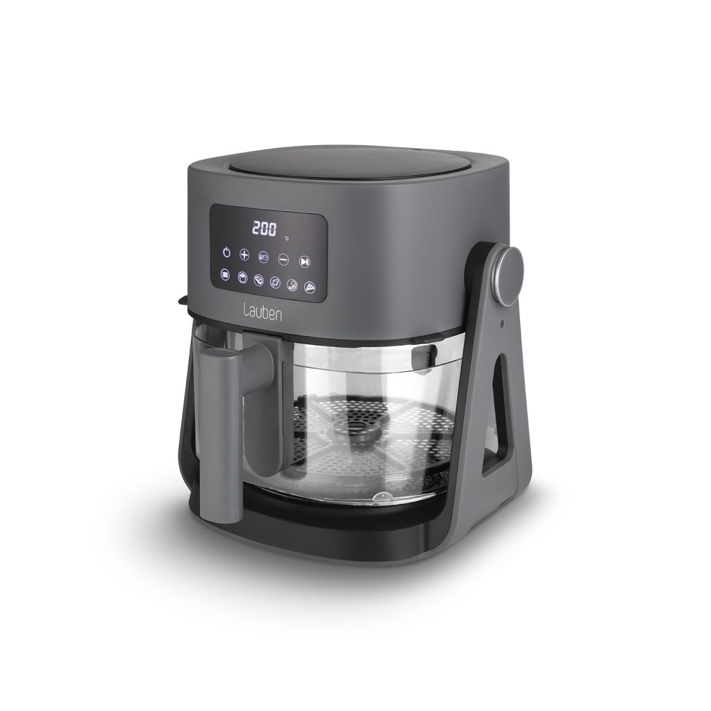 A gray air fryer with a transparent glass bowl, displayed against a white background.