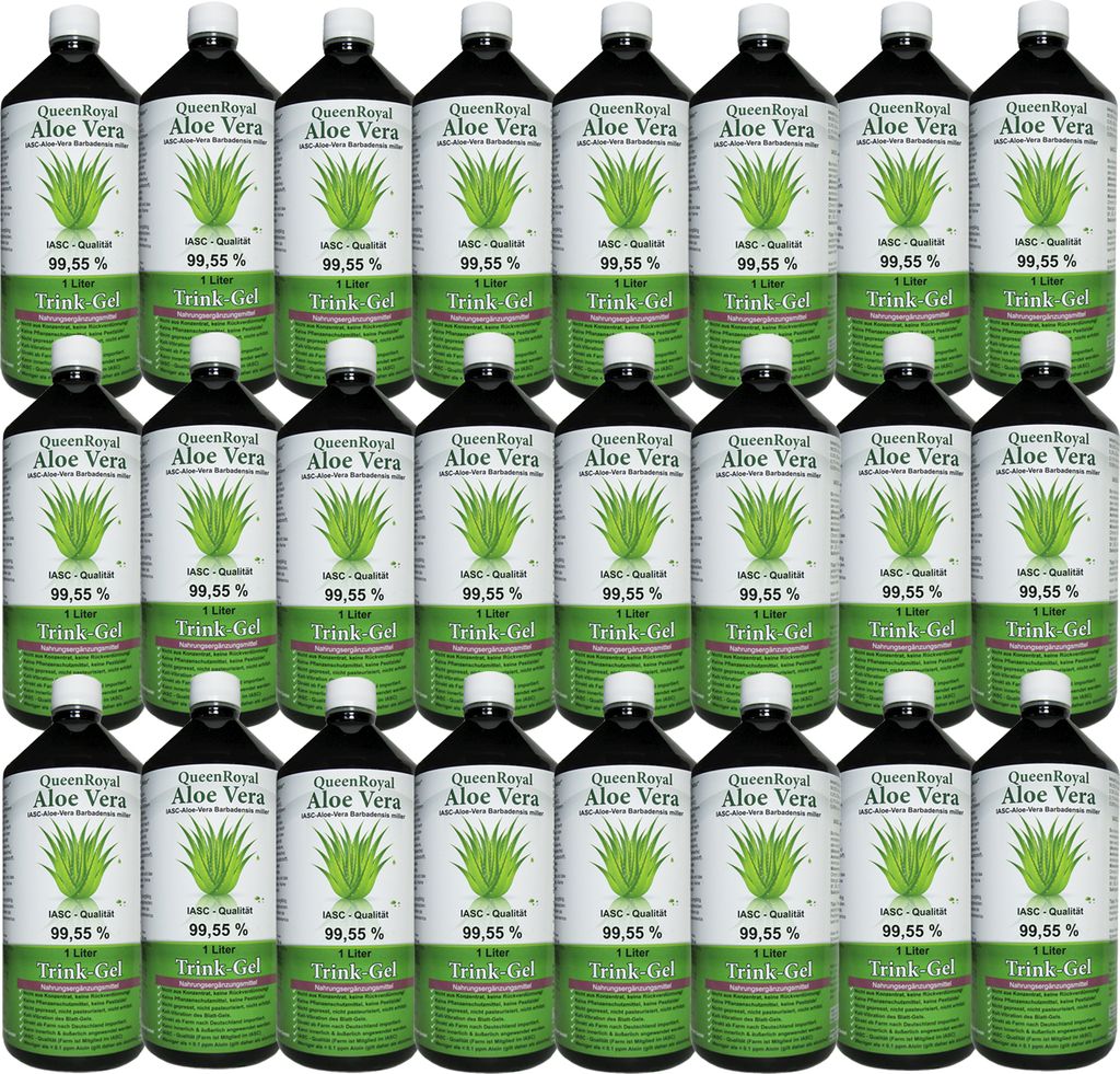 QueenRoyal Aloe Vera Trinkgel 24x 1 Liter Flasche 99.55% Barbadensis Miller Blattgel unverdünnt KEIN Saft KEIN Konzentrat OHNE künstliche Vitamine.