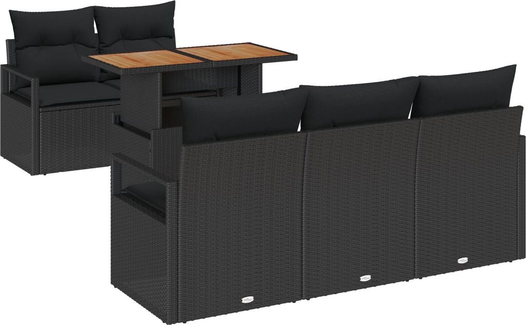 Möbel 6-teiliges Garten-Sofa-Set mit Kissen Schwarz Poly-Rattan Akazie, 2-Sitzer Garten-Sofa mit Kissen Schwarz Poly-Rattan - Gartensofas 3349652