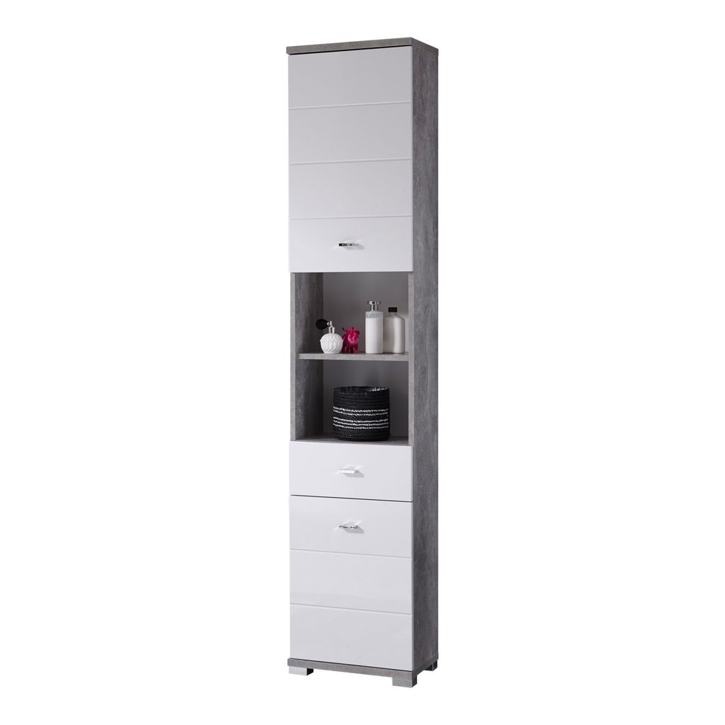 Hochschrank - Weiß Hochglanz - Betondekor - B 38 cm - 2 Tür - 1 Schublade