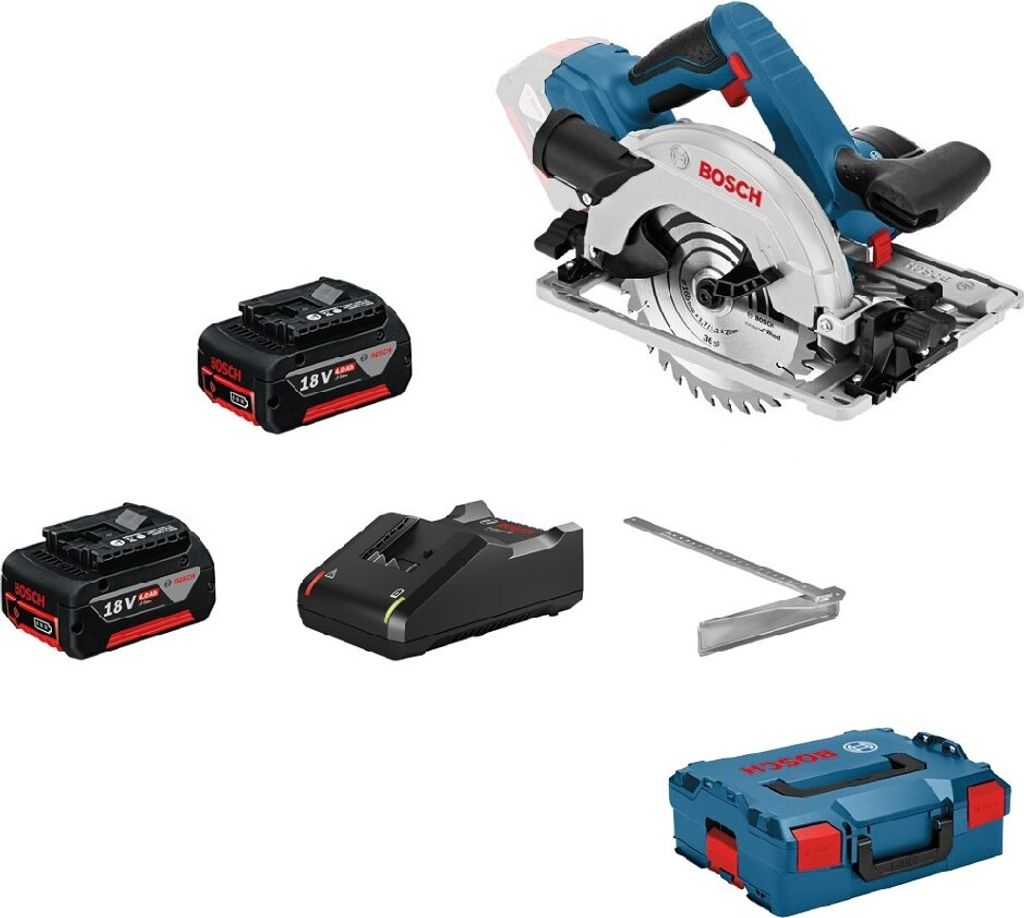A Bosch cordless circular saw kit with batteries, charger, and case, displayed on a white background.