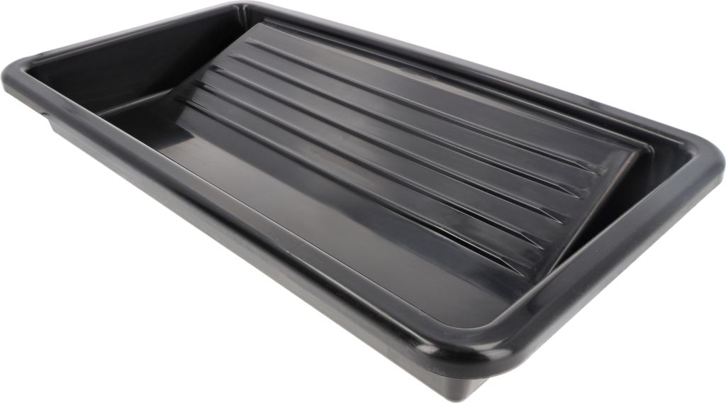 A black paint tray with ribbed texture on a white background.