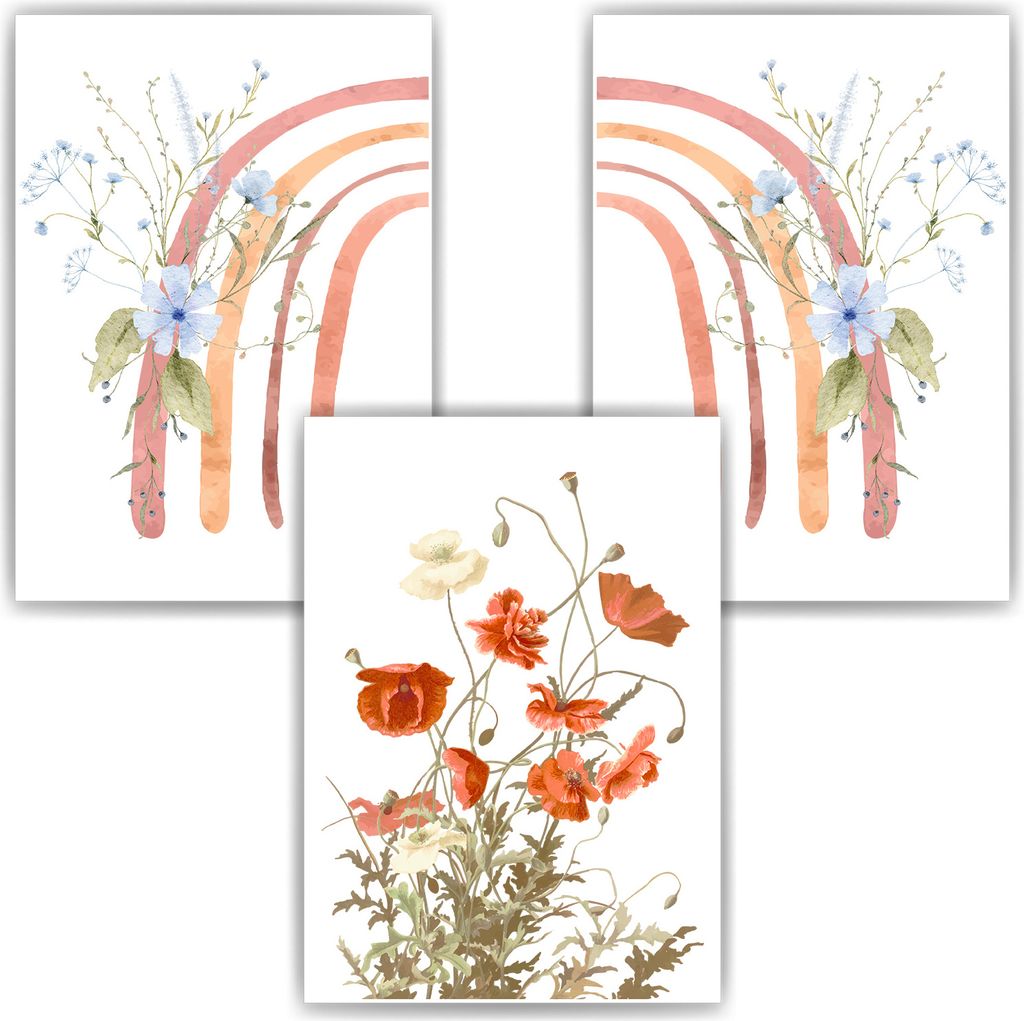 Regenbogen Blumen Bilder 3er Set DIN A4 Kinderzimmer Wandbilder Babyzimmer Poster Dekoration