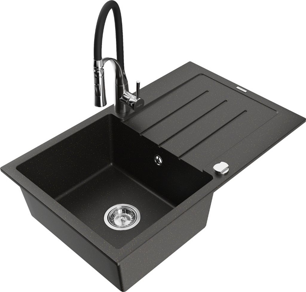 Mexen Bruno 1 Becken-Granitspüle mit Abtropffläche und Mischbatterie Aster, Schwarz/Gold metallisch - 6513-75-73450-07