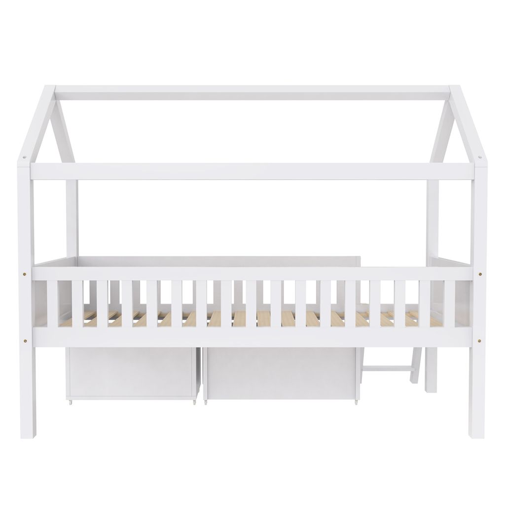 Kinderbett mit Schubladen und Ablagefächern Anti-Drop-Geländer Hausbett Jugendbett für Jungen und Mädchen 200x90cm Weiß