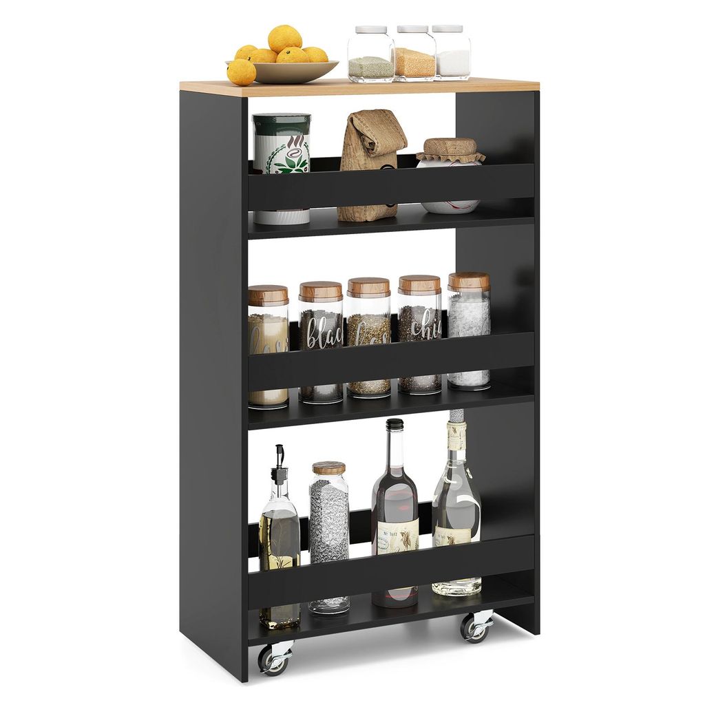 COSTWAY Nischenwagen 25cm breit, 4 Etagen Küchenwagen schmal, Nischenregal auf Rollen, Servierwagen mit Griff & Geländern, Badregal Holz, Schwarz