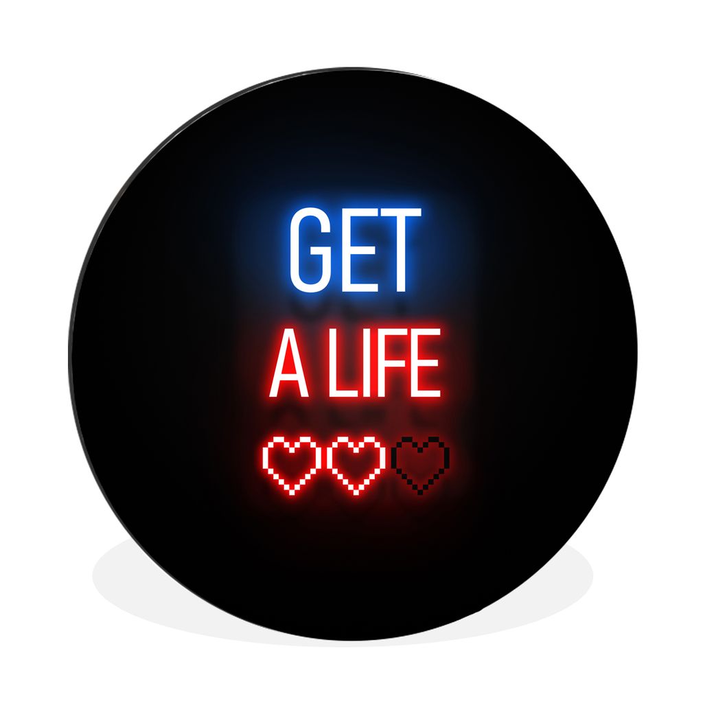 MuchoWow Aluminium Wandkreis Spiele - Text - Get a life - Neon - Schwarz Ø 90 cm Wanddeko Modern Wohnzimmer - Mauerkreis - Wandbilder - Runde Bi...