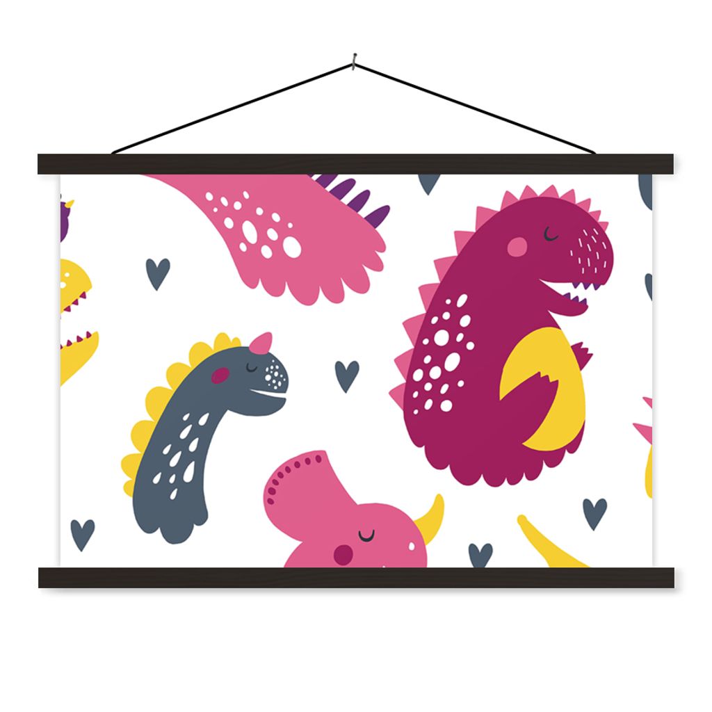 MuchoWow Textilposter Dino - Muster - Kind - Rosa - Mädchen 90x60 cm mit schwarzem Rahmen - Aufhängungssatz