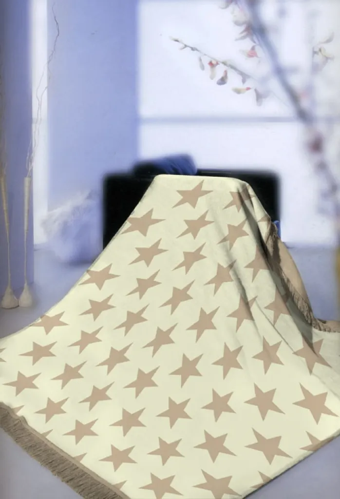 Coperta Gioco Bambini 150x200 Frange Stelle - Plaid Beige e Marrone
