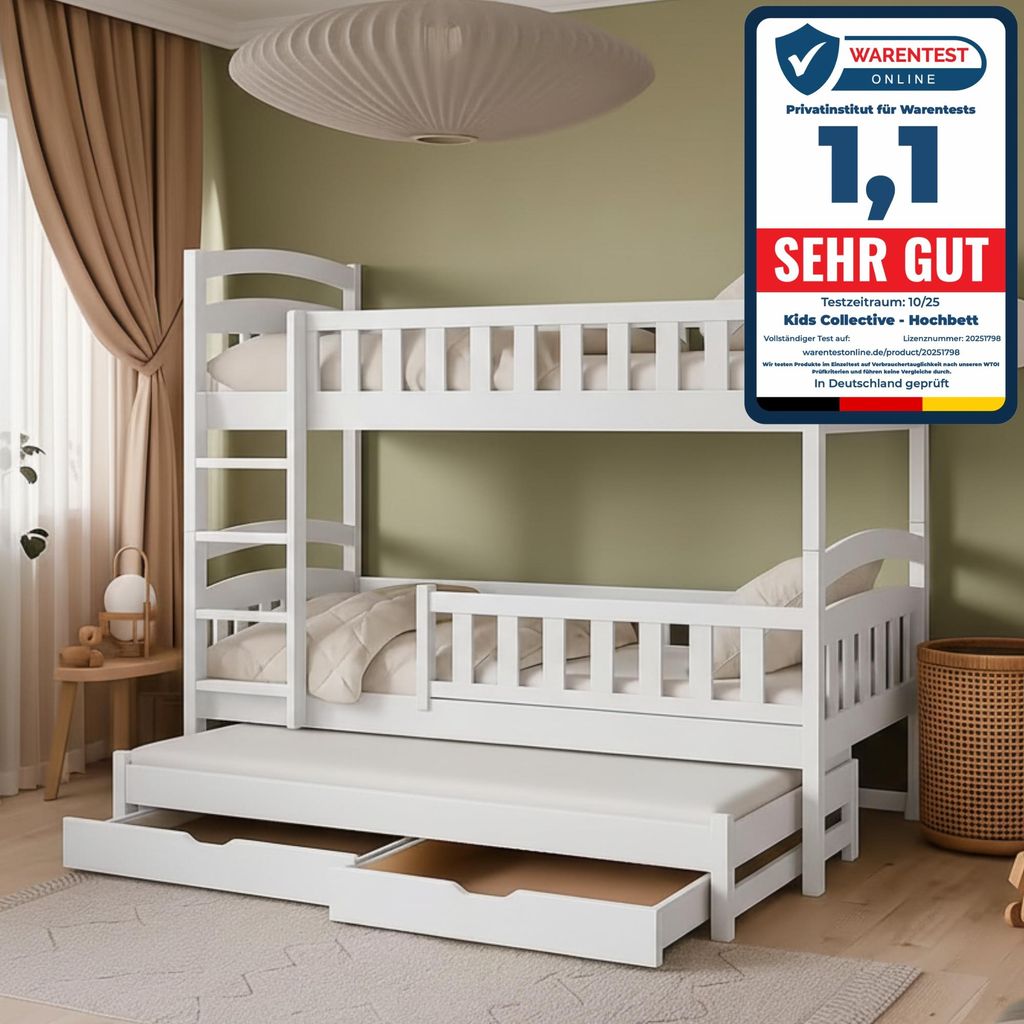 Hochbett 90x200 Etagenbett Kinderbett Jugendbett Stockbett 3 Kinder, mit zwei Schubladen, Kinder Bett umbaubar in 3 Einzelbetten | von 4. bis 16. L...