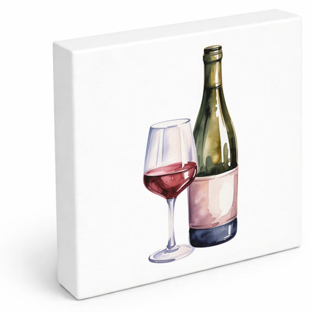 Mediterrane Schätze Weinflasche Glas Holzbild in 15x15 cm zum Stellen oder
