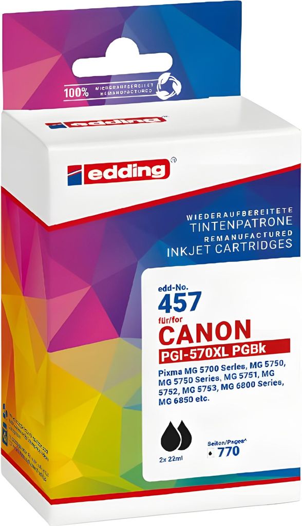 Edding EDD-457 Tintenpatronen Doppelpack, schwarz kompatibel zu Canon PG-570XL, Schwarz, 22 ml, 2 Stück(e), 770 Seiten, Doppelpack