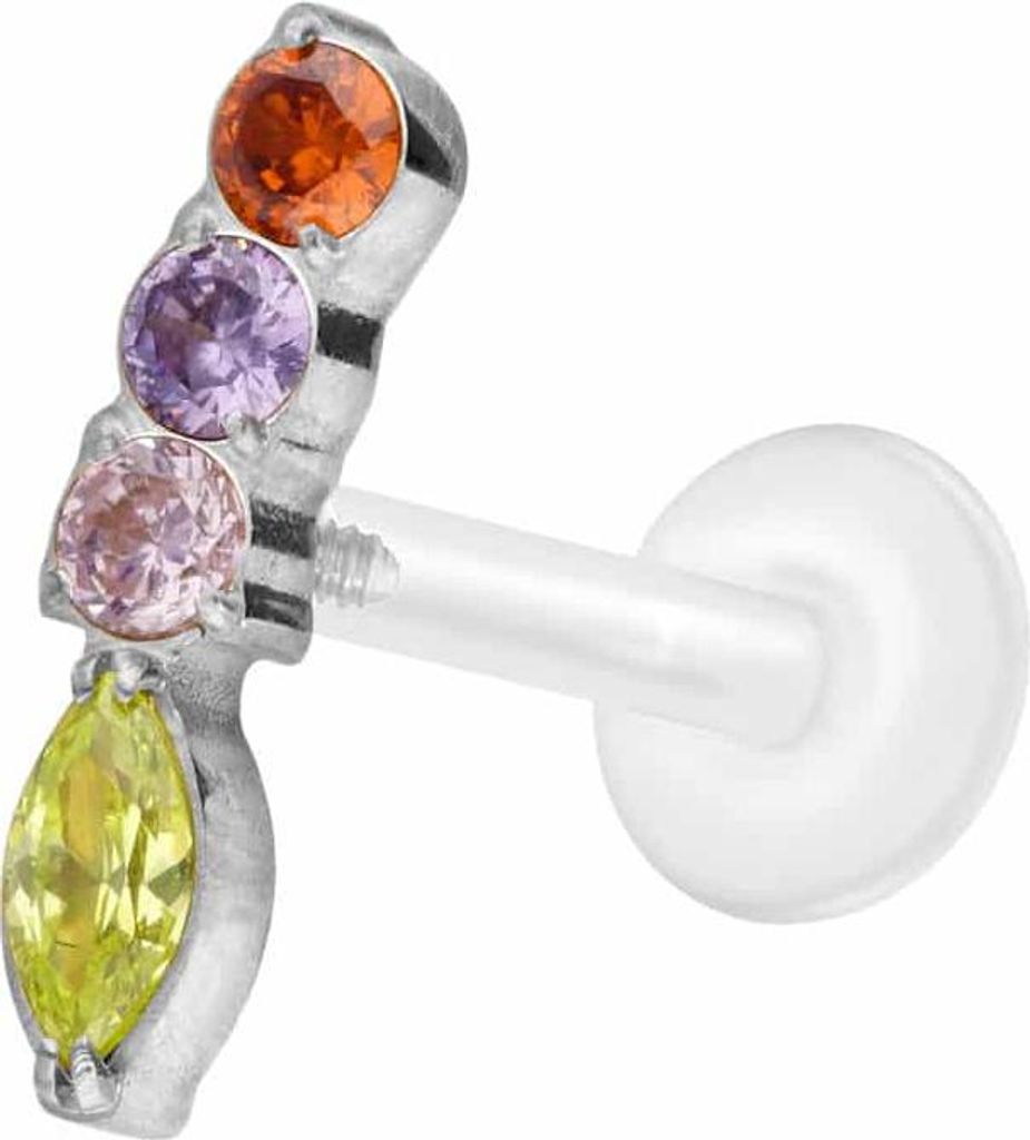 Ohrpiercing, Nasenpiercing PTFE Labret mit Innengewinde + Titan-Aufsatz BUNTER KRISTALLBOGEN Silber Stablänge: 9mm | Stabstärke: 1,2mm