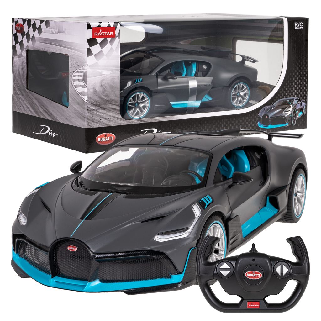A remote-controlled Bugatti Divo toy car and its packaging are displayed.