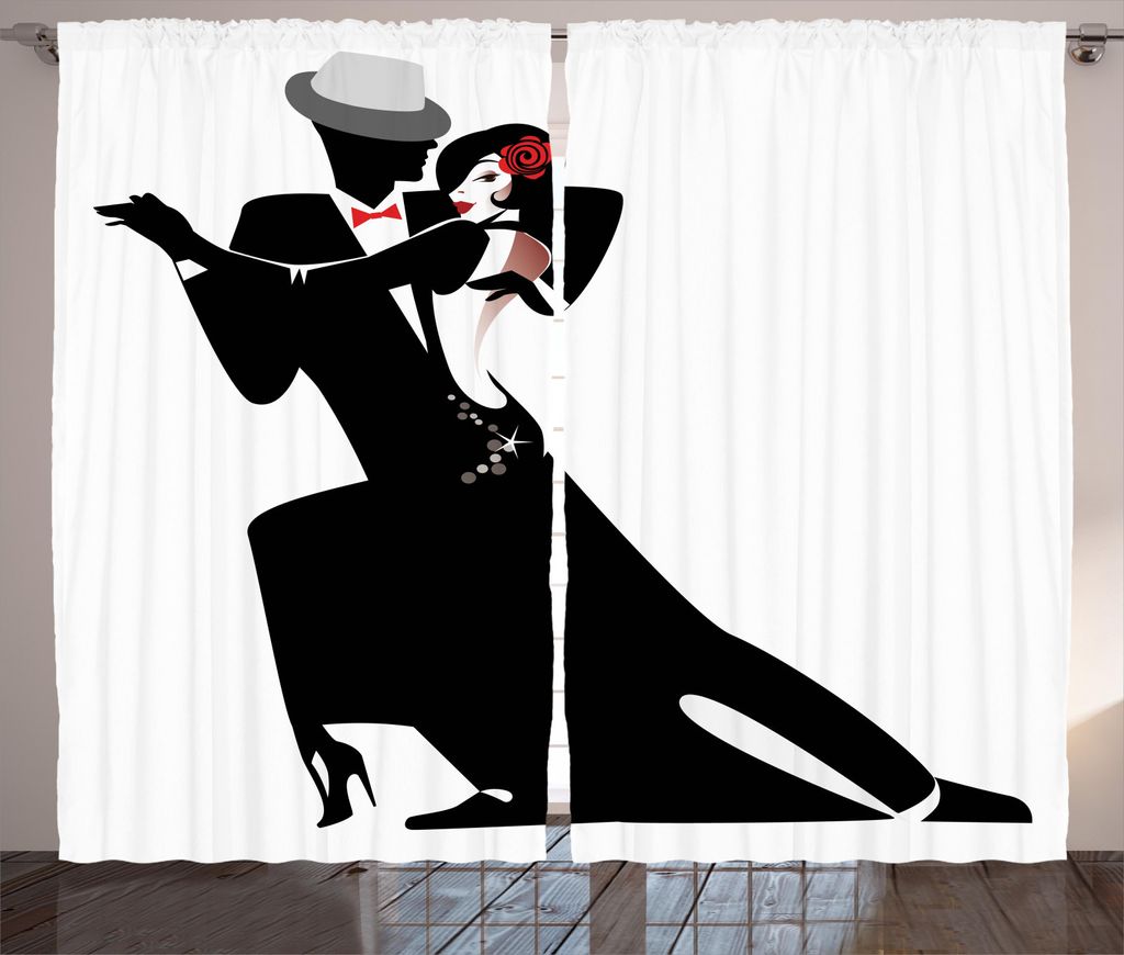 ABAKUHAUS Tango Rustikaler Vorhang, Romantische Tanzpartner, Wohnzimmer Universalband Gardinen mit Schlaufen und Haken, 280 x 245 cm, Weiß schwarz