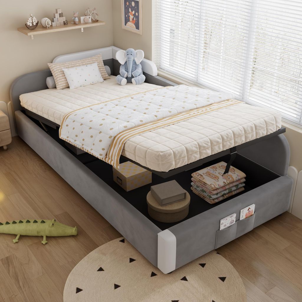 STILVORA Polsterbett 90x200 cm,Boxspringbett mit Stauraum,ohne Matratze,Kinderbett mit hydraulischem Bettkasten,Stauraumbett mit erhöhtem,weichem ...