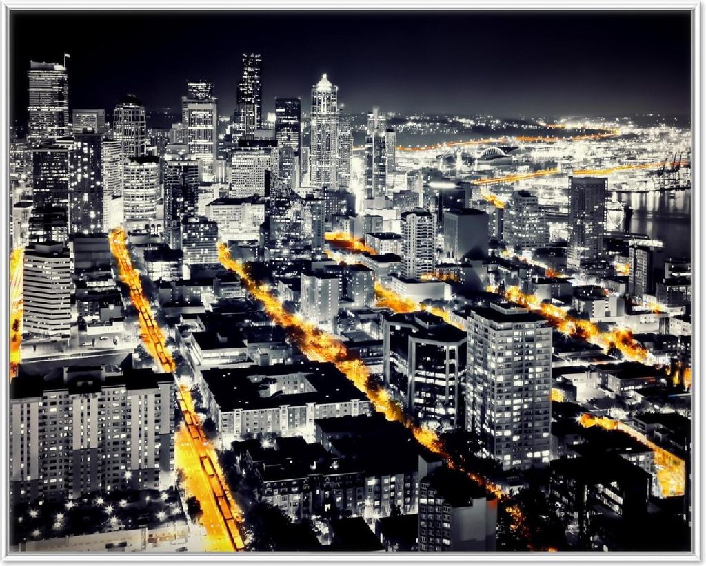 Wallario Wandbild Großstadt bei Nacht - Seattle in schwarz weiß gelb, Größe: 40,30 x 50,30 cm, Poster mit weißem Aluminiumrahmen