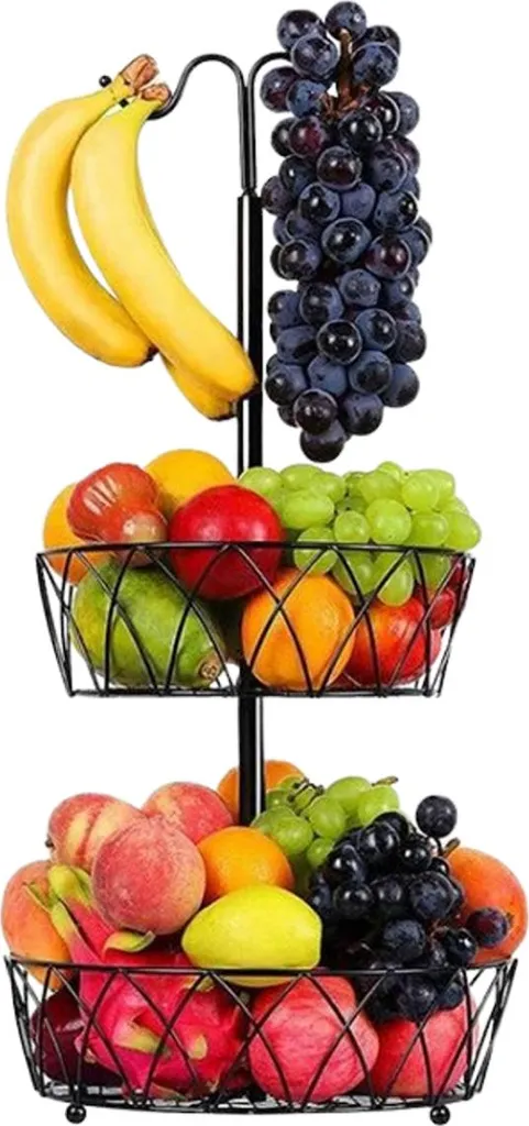 Corbeille à fruits en fer suspendue à 2 étages avec crochet à bananes