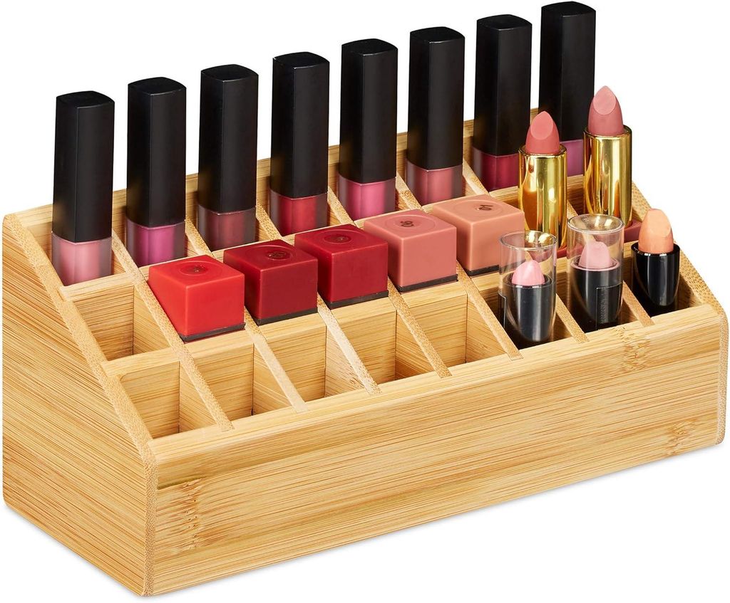 10026126 Make-up-Organizer aus Bambus, 24 Fächer, Natur, für Lipgloss, Pinsel, HxBxT 10x23x9 cm, Natur