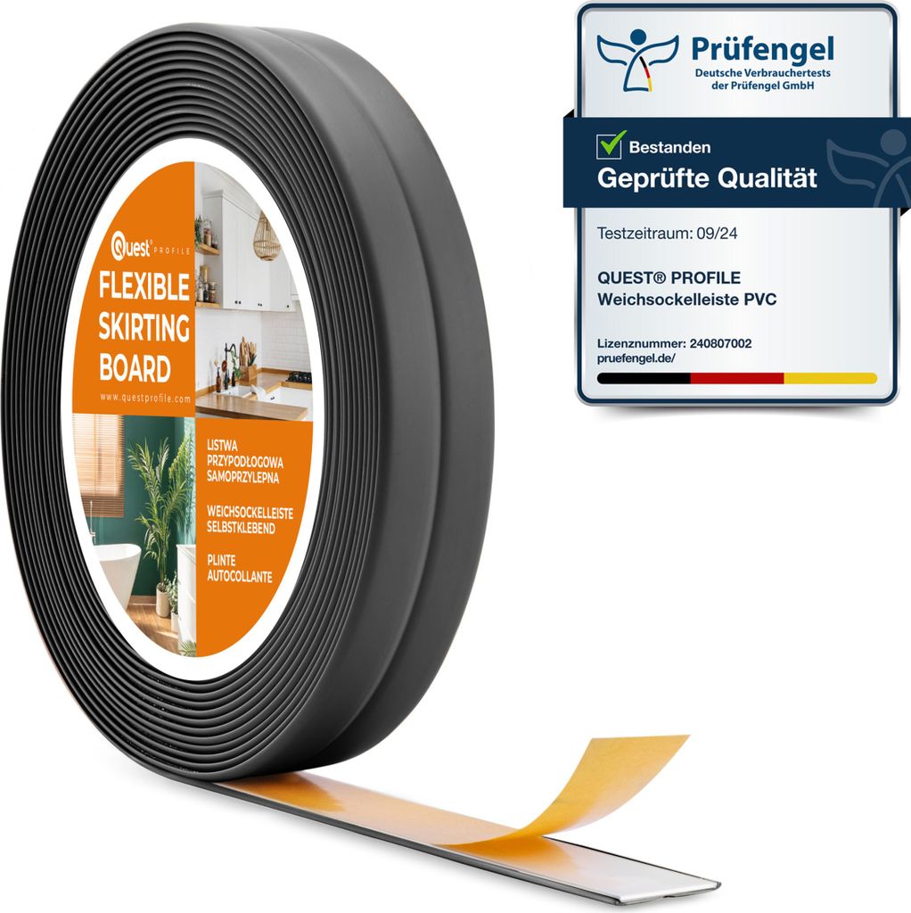 QUEST Weichsockelleiste Selbstklebend 10x10 mm, PVC Knickleiste für Küche, Badezimmer, Flexibel, Dekorativ, UV-beständig, graphit, 5 m