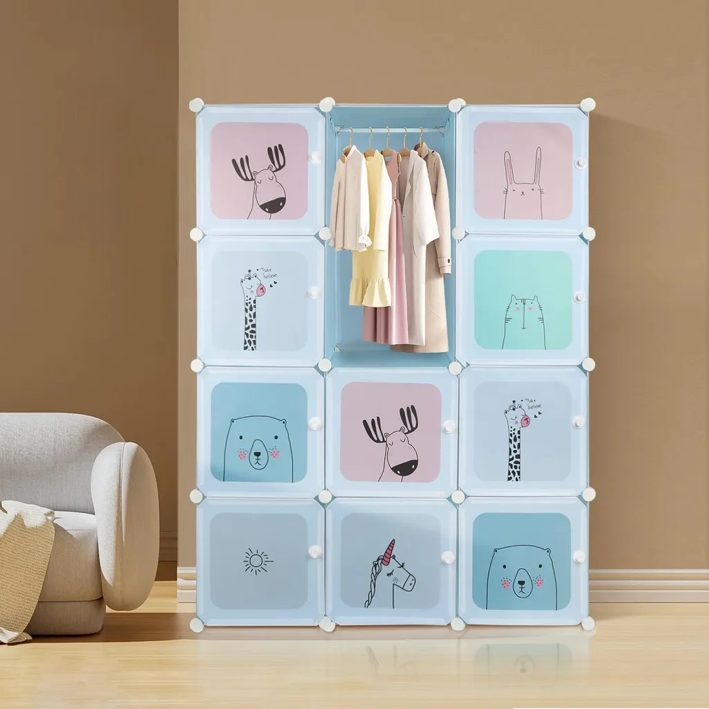 Armoire modulaire pour enfants 12 cubes en bleu et métal résistant