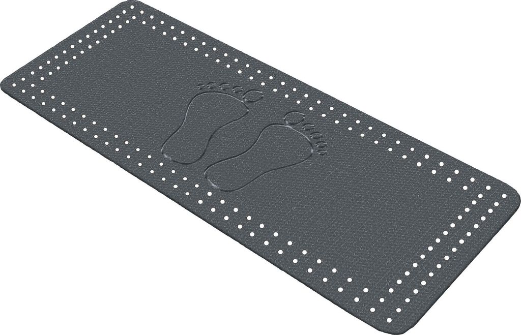 A dark gray bath mat with a textured surface and a border of small white dots. Two embossed footprints are visible in the center of the mat.