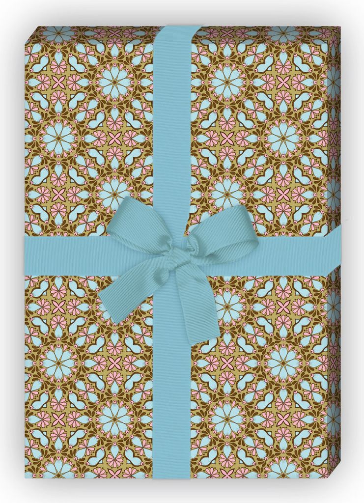 Florales Geschenkpapier mit Kaleidoskop Blumen, braun zum Einpacken - G11516, 32 x 48cm