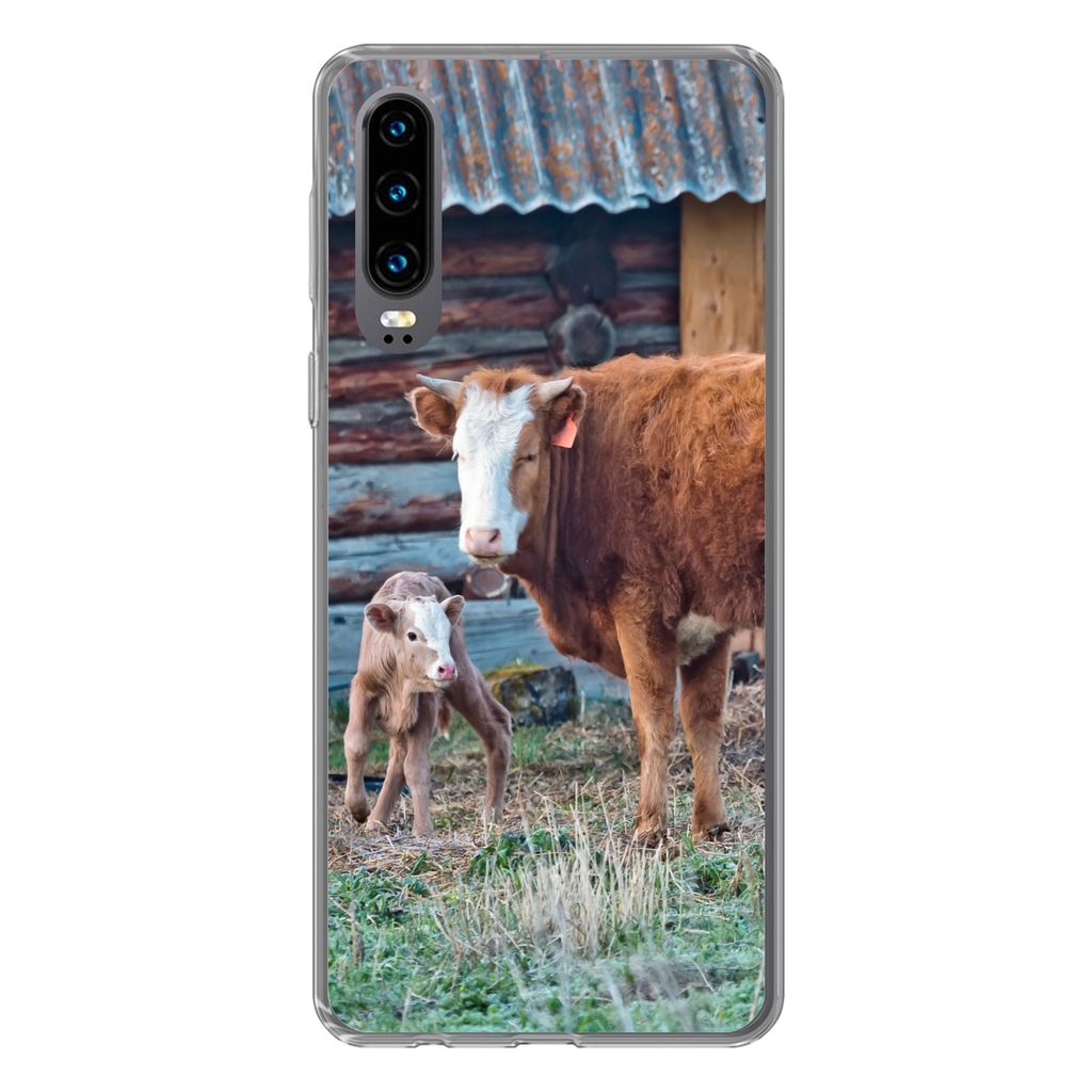 MuchoWow Handyhülle Schutzhülle Hülle für Huawei P30 Kuh - Stall - Gras - Kalb Silikon Softcase Handy Hülle - Kartenbesitzer