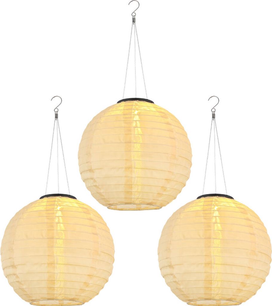 3er Set LED Solar Außen-Hängeleuchte, Lampion sandfarben, H 55 cm