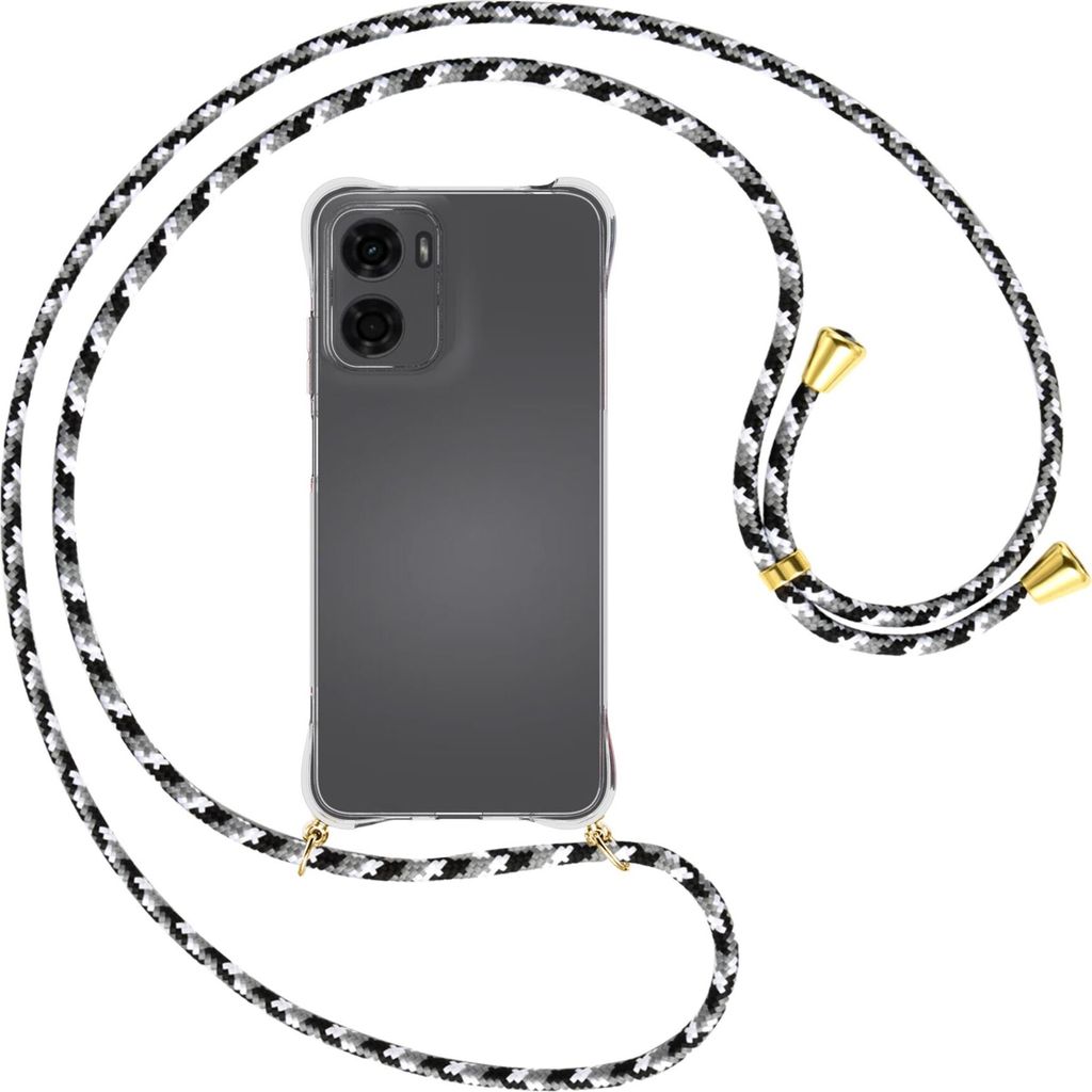 Handykette Backcover-Schutzhülle mit Band (Metall goldfarben) für Motorola Moto G05 - schwarz/grau/weiß