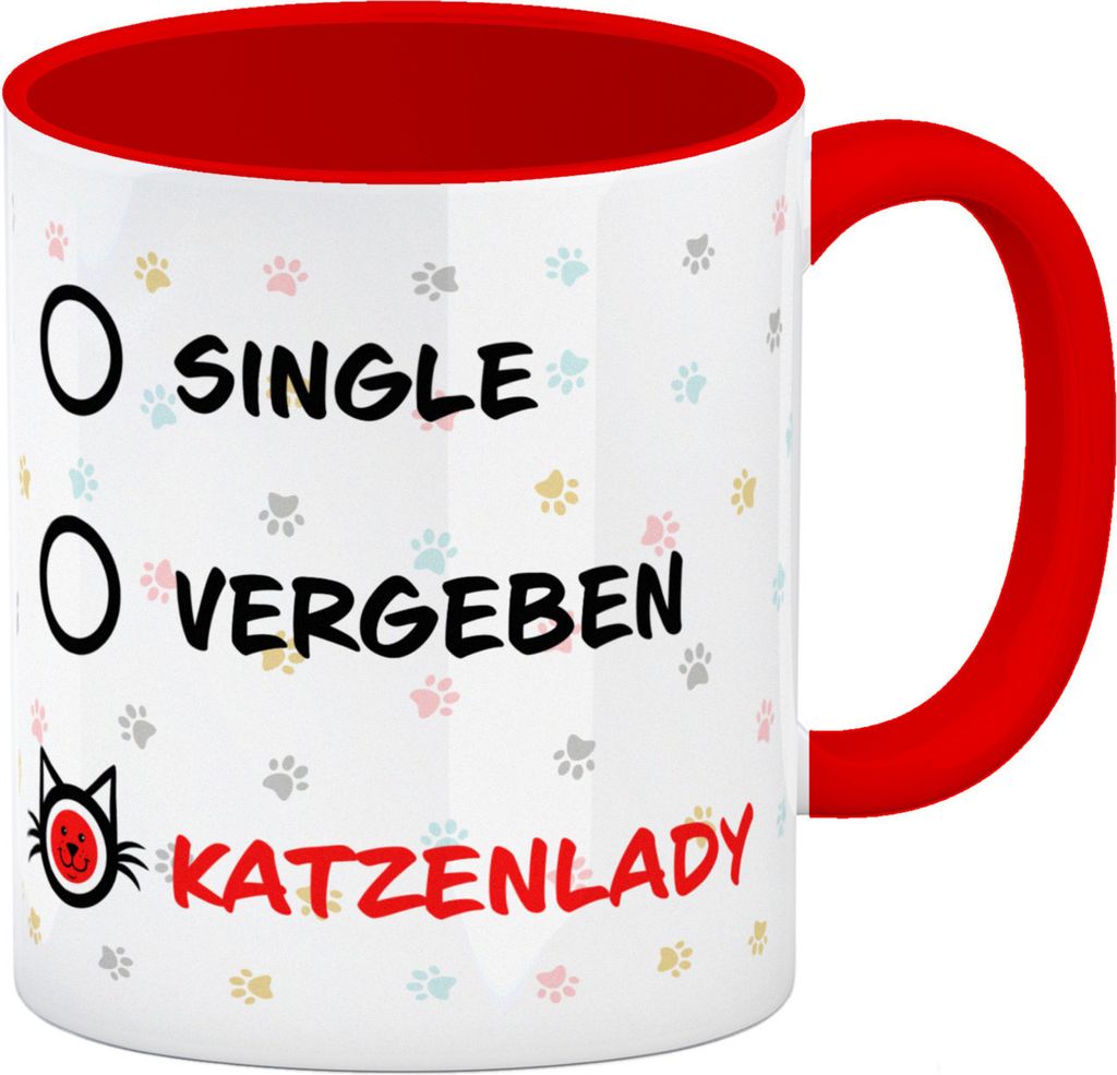 Kaffeebecher Rot mit Motiv - Katzenlady Single Vergeben zum Ankreuzen