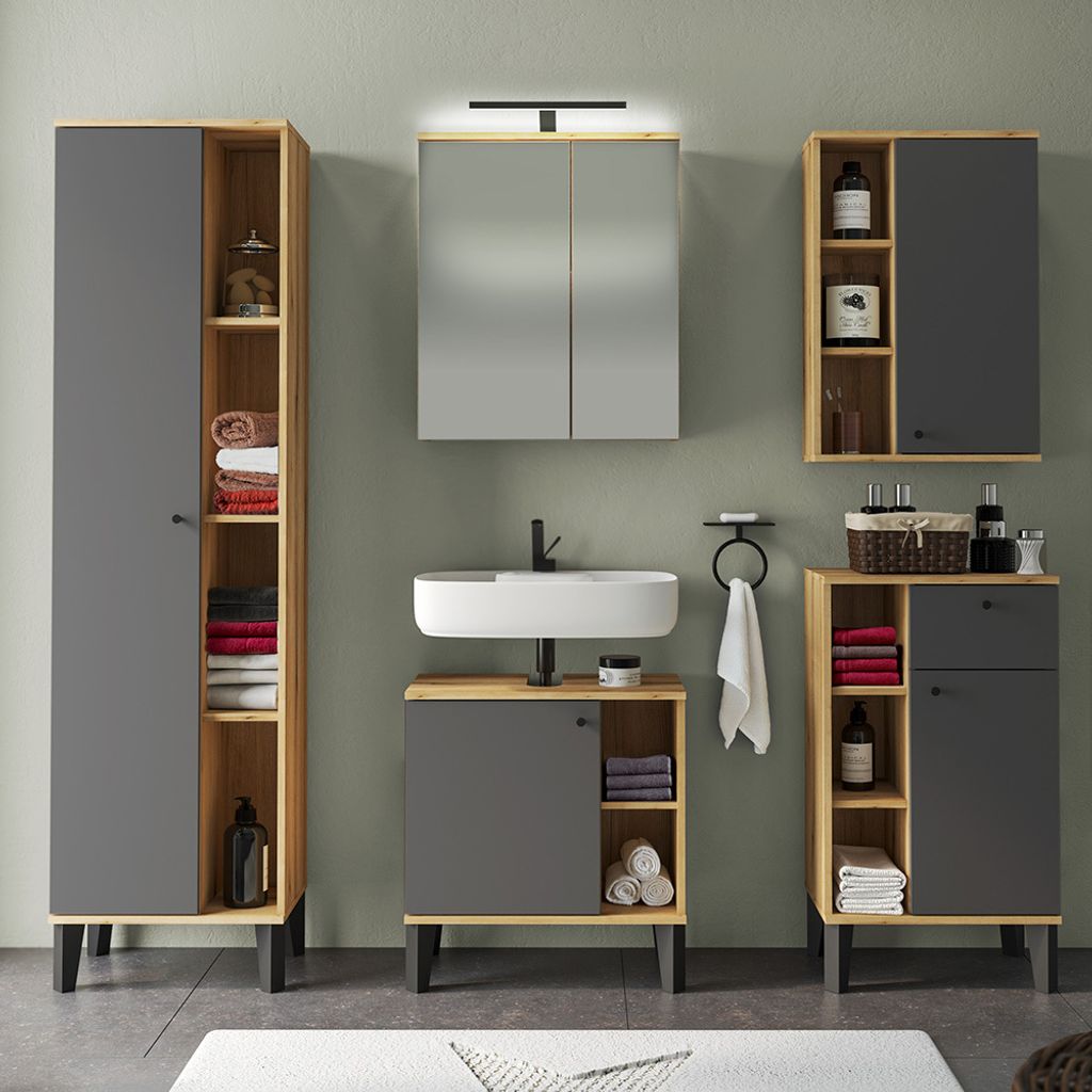 Badmöbel-Set 5-teilig mit Waschbeckenunterschrank 60 cm, LED-Spiegelschrank, in Eiche mit grau OLEAN-61