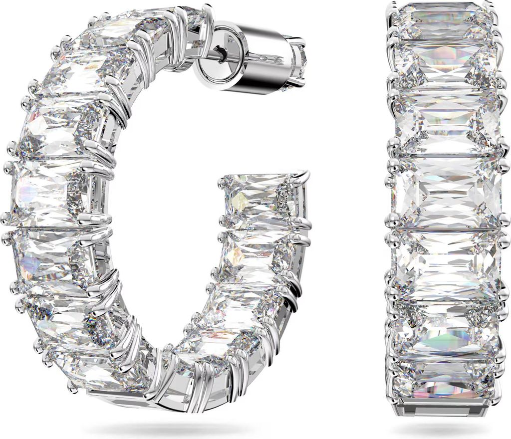A pair of hoop earrings adorned with clear, rectangular gemstones, displayed against a white background.