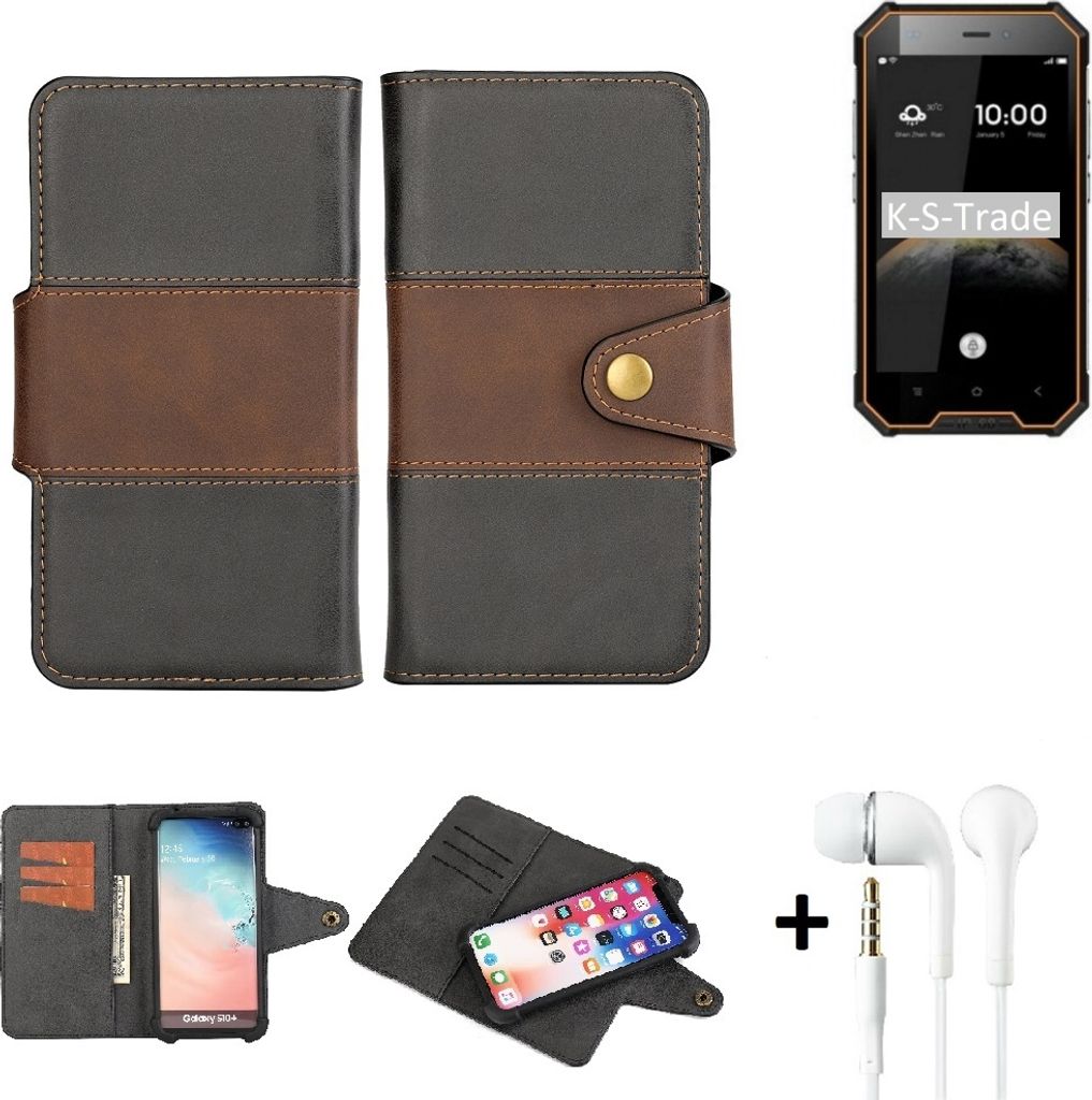 K-S-Trade Handyhülle Schutzhülle Bookstyle Wallet-Case kompatibel mit Blackview BV4000 Pro + earphones Bumper rundumschutz schwarz-braun 1x