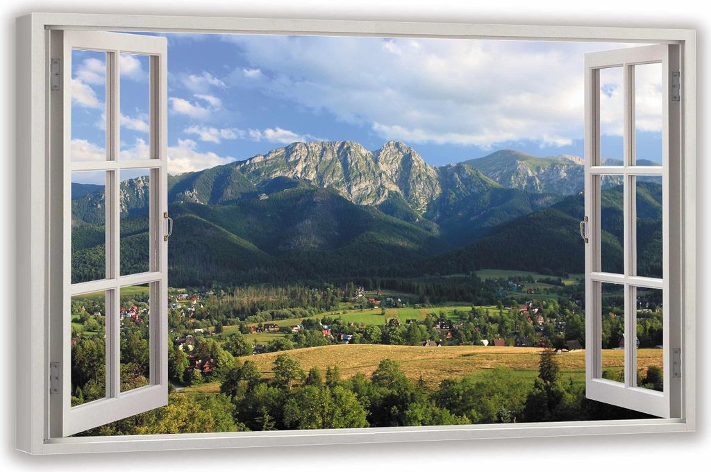 HUBDECO Leinwandbild mit Fensterblick, Stadtpanorama, 120 x 80 cm - Landschaftsbilder auf Leinwand - Wandbilder fürs Wohnzimmer - Fensterbild mit ...