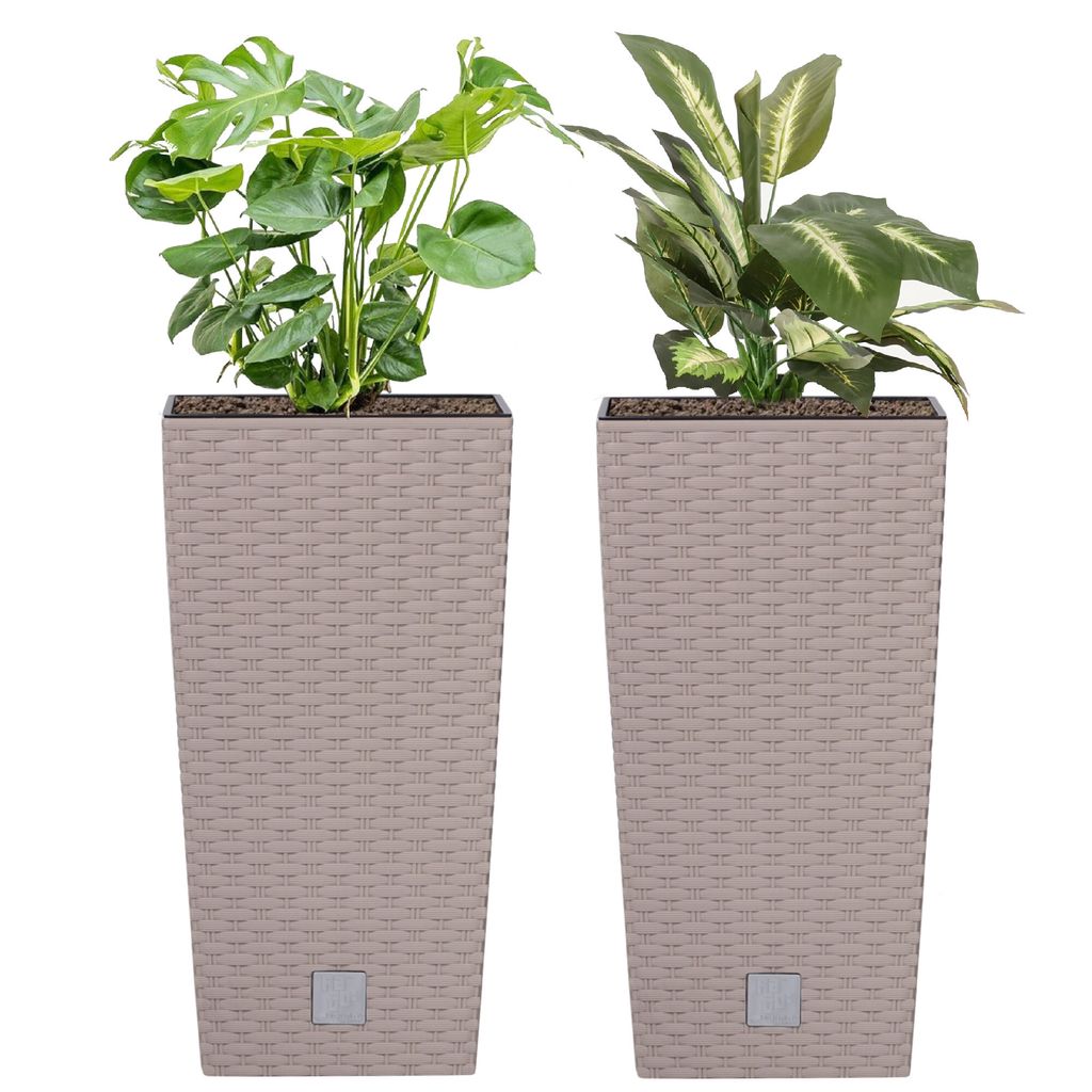 Set 2 Stücke Blumenkübel 16,3 L Rattan-Optik Mokka hohe Pflanzkübeln H 42,1 cm mit Innenkasten 8 L quadratisch Übertopf aus Kunststoff